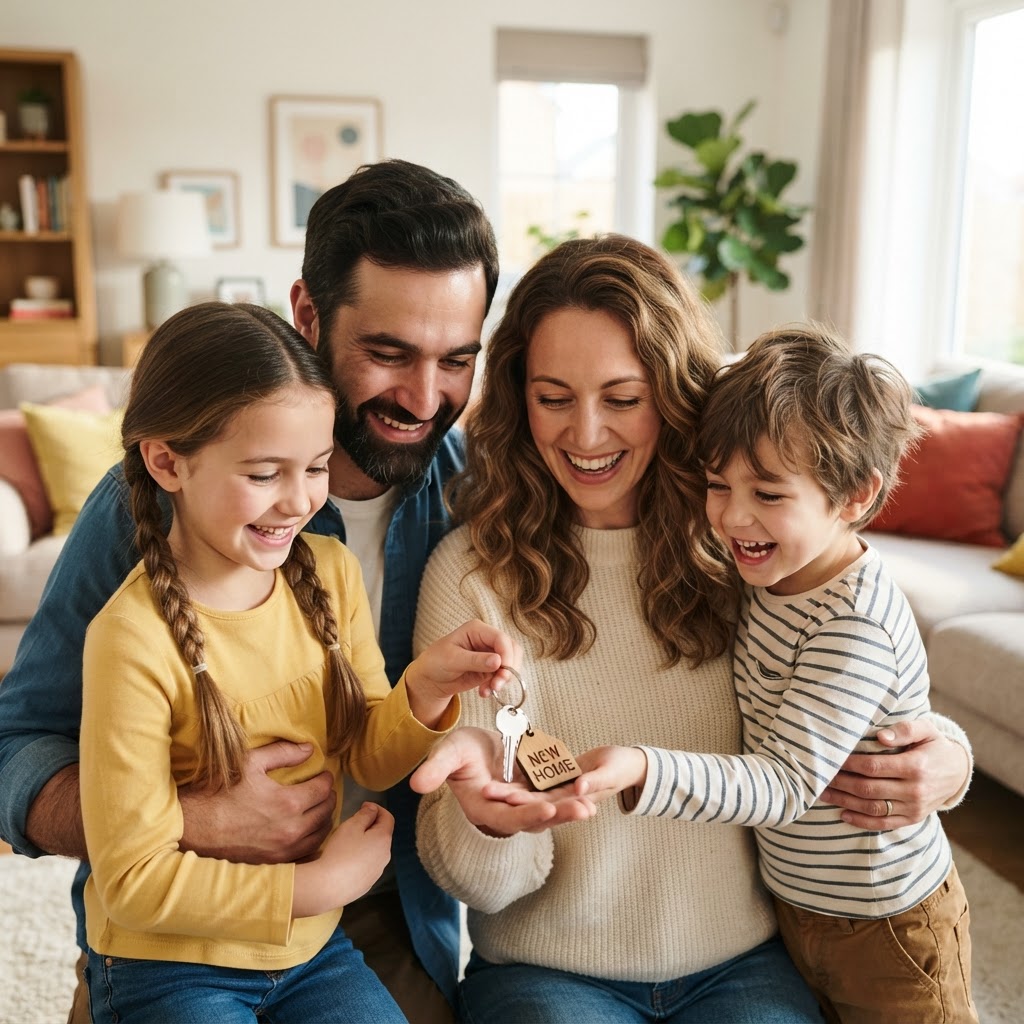 Familia recibiendo las llaves de su nuevo hogar